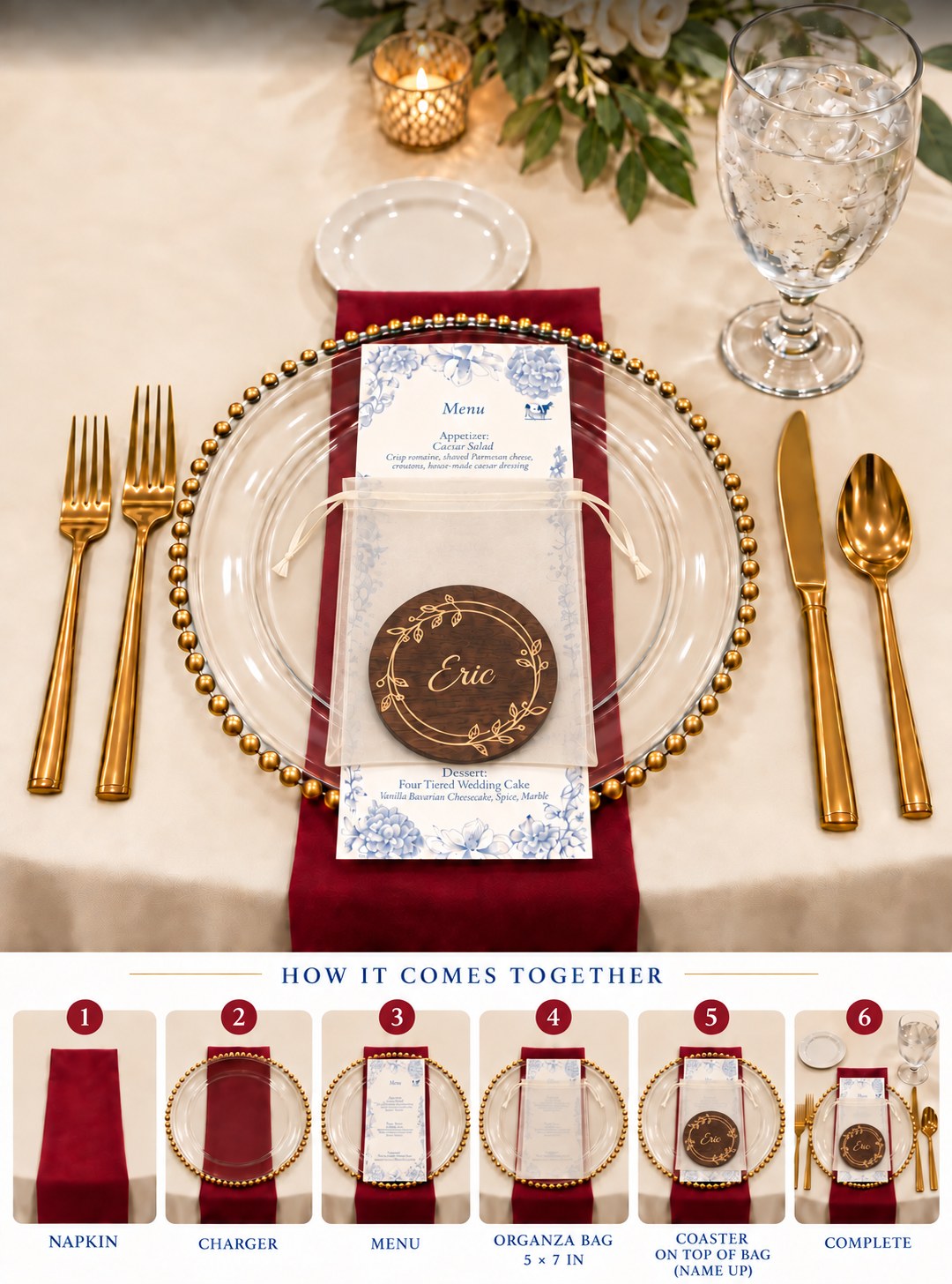 Place setting: napkin, charger, menu, empty organza bag laid flat, coaster on top of the bag with the name up